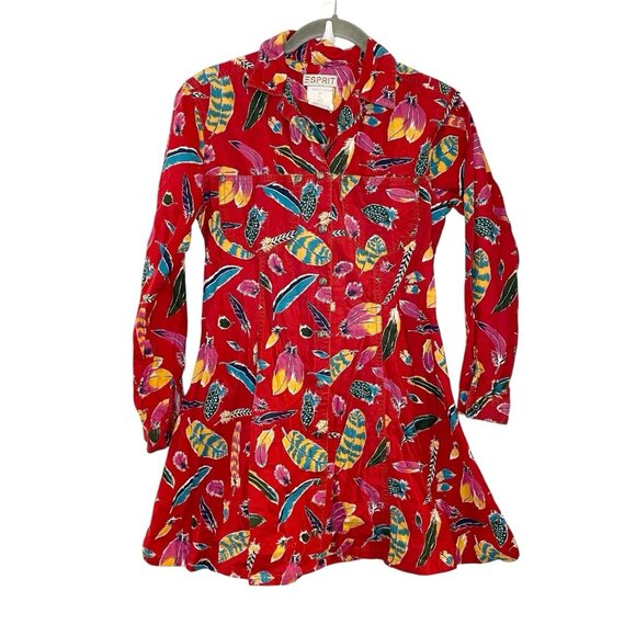 Vintage 90s ESPRIT Kids Feather Print Southwestern Shirt Dress Red Button Front‎ - Picture 1 of 7